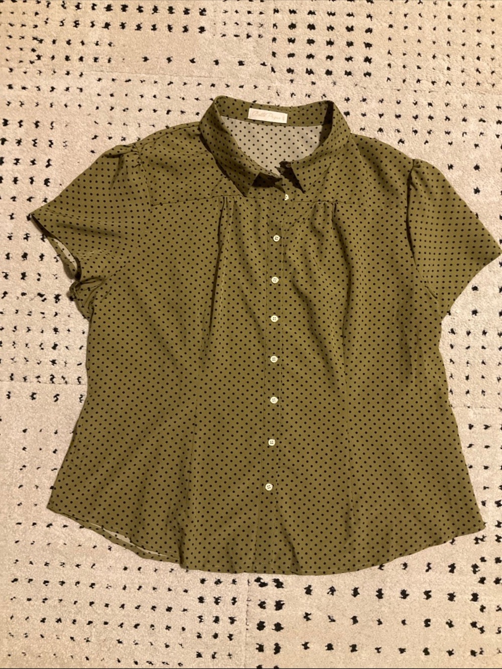 Belle Pogue olive and black polkadot short sleeved blouse, 3X